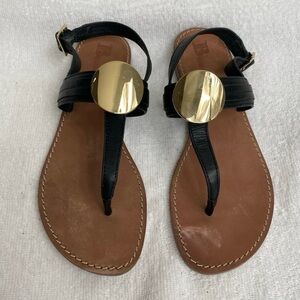 Browns Black Gold T Strap Adjustable Ankle Flat Sandals Size 7 Casual Minimalist